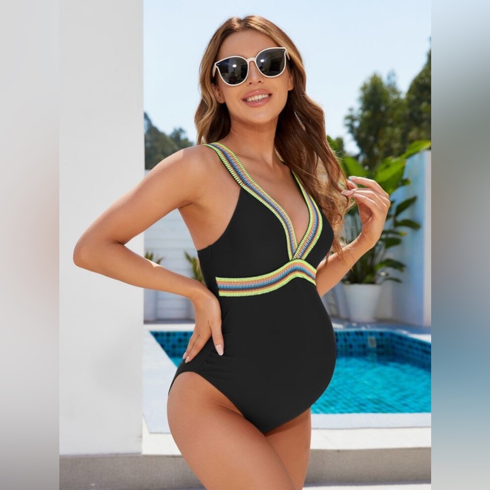Black Maternity Swimsuit with Colorful Trim